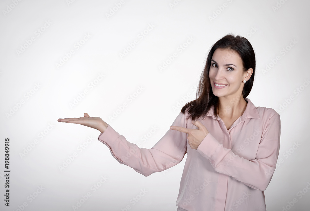 businesswoman presenting with two hands businesswoman presenting with two hands