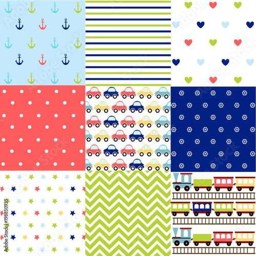 Cute set of Baby Boy seamless patterns with fabric textures