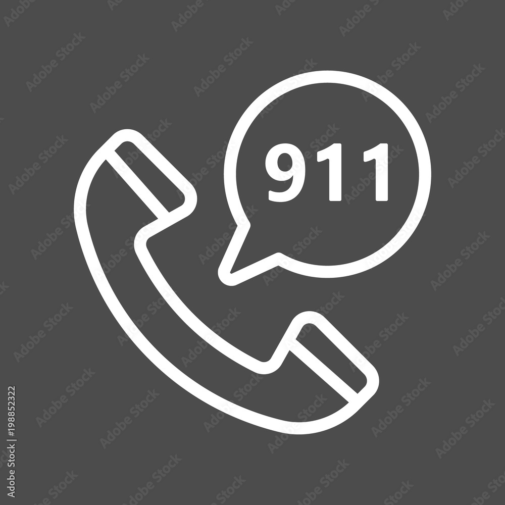 Emergency calling service filled outline icon, line vector sign, linear white pictogram isolated on gray. Phone and speech bubble with 911 number inside bubble, logo illustration. Pixel perfect Emergency calling service filled outline icon, line vector sign, linear white pictogram isolated on gray. Phone and speech bubble with 911 number inside bubble, logo illustration. Pixel perfect