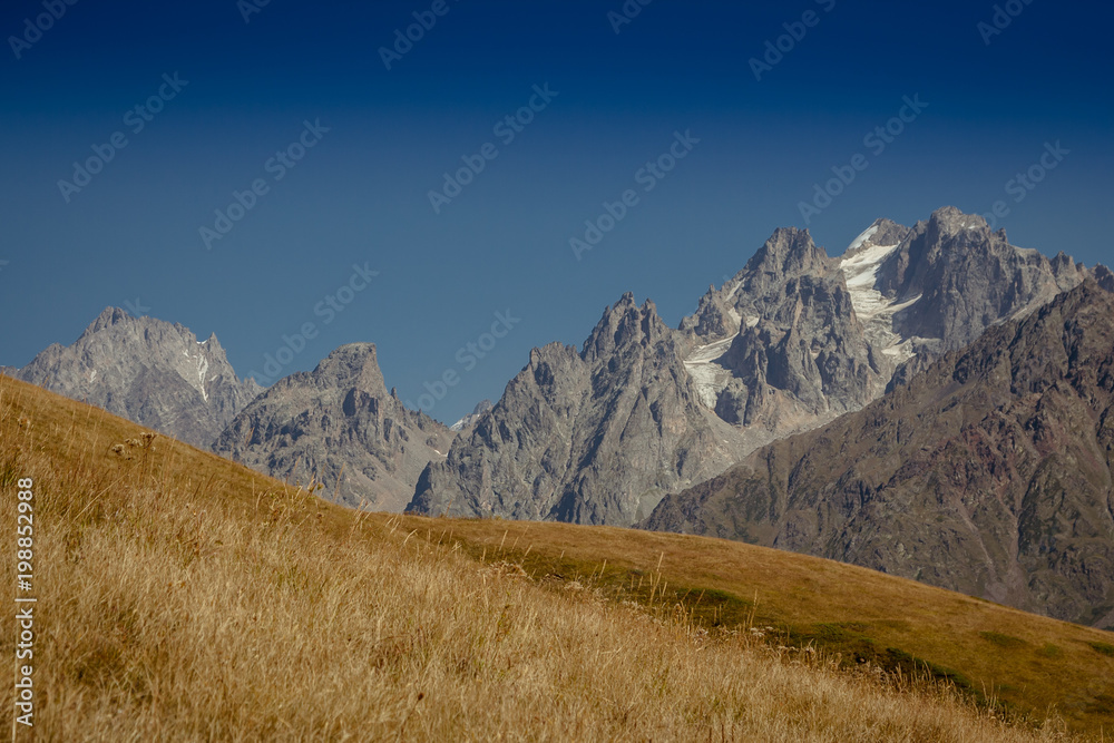 The Caucasus mountains in Georgia country. Beautiful mountain landscape. Svaneti. Nature and  Mountain background.