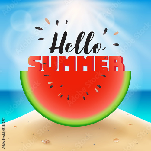 Hello summer lettering on watermelon sliced