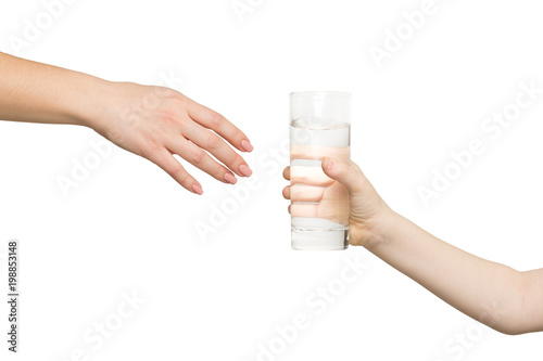 Kid giving glass of water to mother, isolated