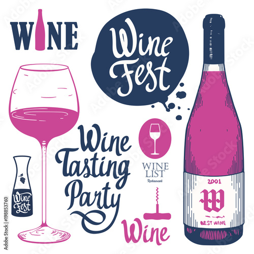 Vector illustration with labels, bottle, glass in sketch style. Alcoholic beverages set. Wine festival. Brush calligraphy illustrations for your design. Handwritten ink lettering.