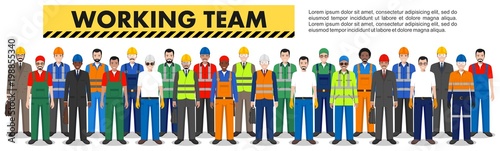 Group of worker, builder and engineer standing together in row in white background in flat style. Working team and teamwork concept. Different nationalities and dress styles. Design people characters.