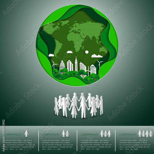 World Environment day concept,paper craft earth map shape with the city on green background,vector illustration