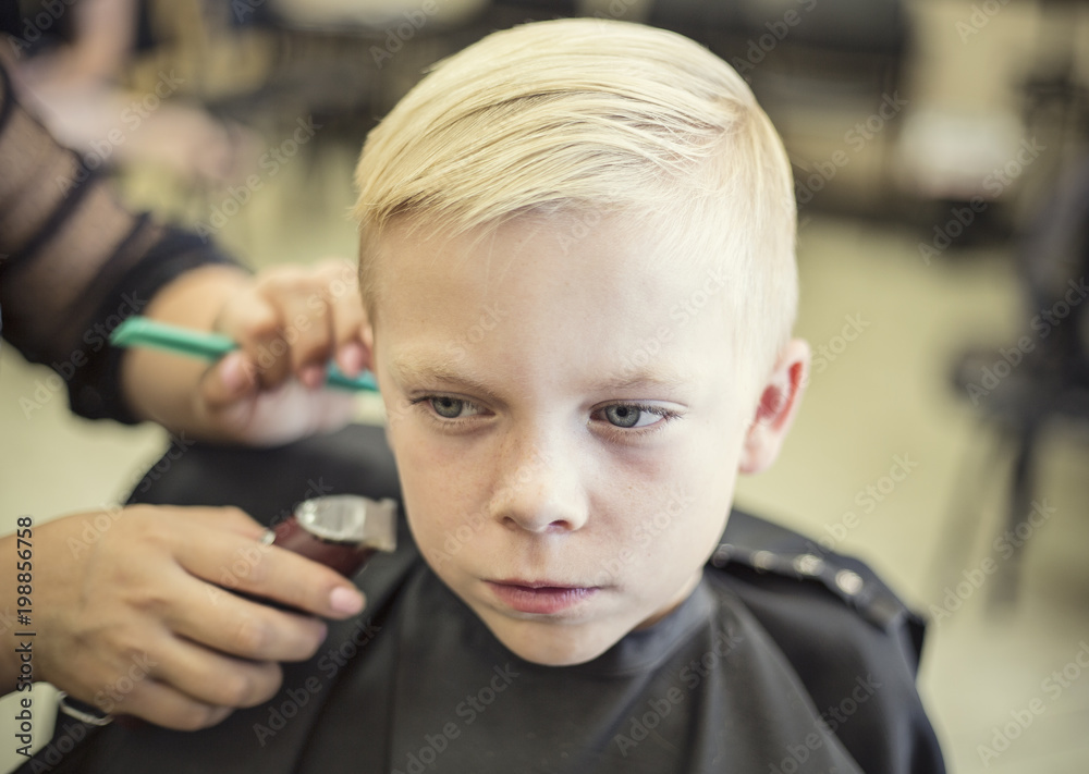 A cute young blonde boy getting his hair cut at a beauty salon or  barbershop by a female hair stylist Stock Photo | Adobe Stock