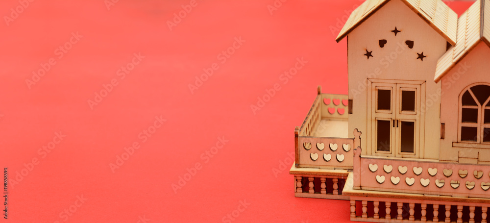 Home wood miniature on red banner template