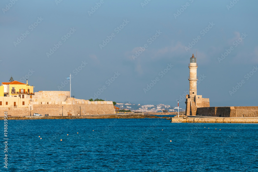 View of the old port of Chania on Crete, Greece. Chania is the second largest city of Crete
