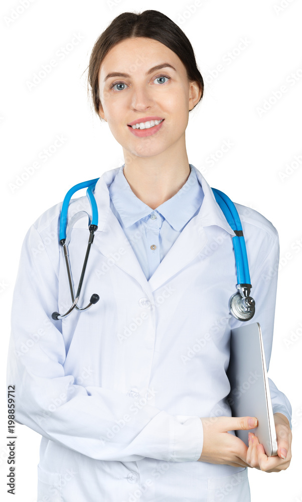 Female Doctor Holding Laptop. Isolated On White Female Doctor Holding Laptop. Isolated On White