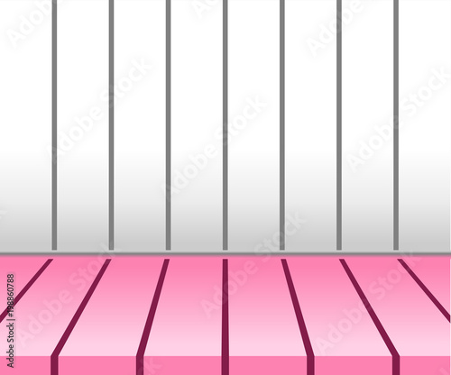 Empty pink tabletop display over white wall background. Useful as backdrop, image montage for display products, or use as background for design key visual layout. Vector illustration, EPS10.