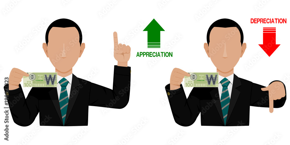 Two businessmen are presenting Won appreciation and depreciation
