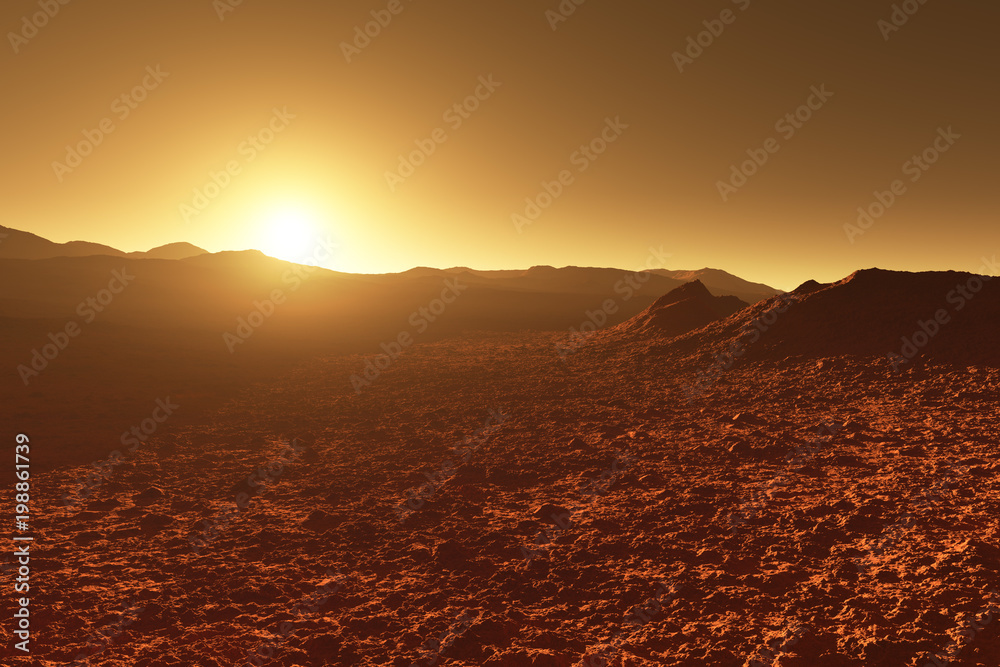 Obraz premium Mars - red planet - landscape with mountains during sunrise or sunset
