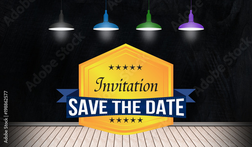 Inivitation save the date badge in 3D room view photo