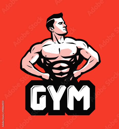 Gym, bodybuilding logo or label. Strong man with big muscles. Vector illustration