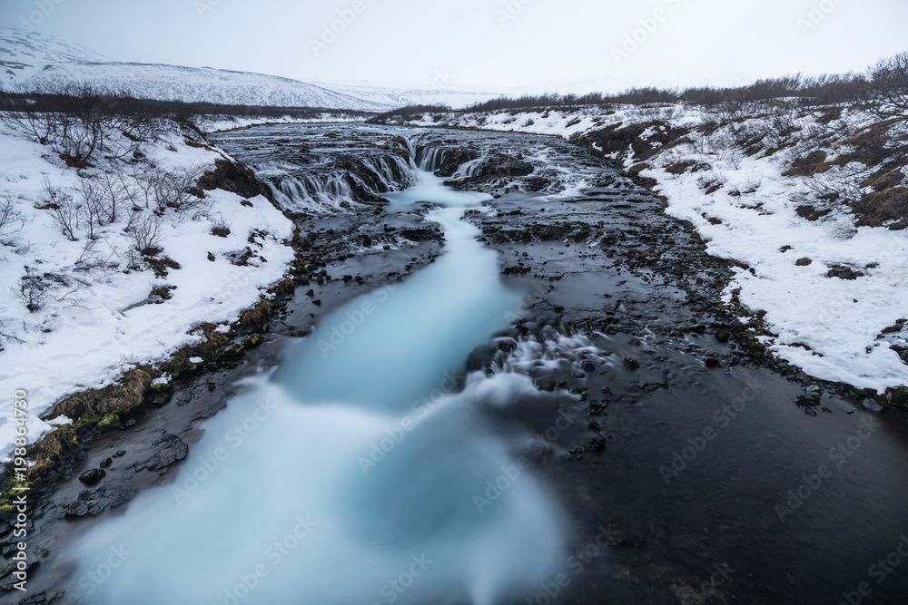 Top view of Bruarfoss Waterfall one of amazing landmark in Iceland. Its looks like marble pattern.Abstract concept for graphic designer inspiration