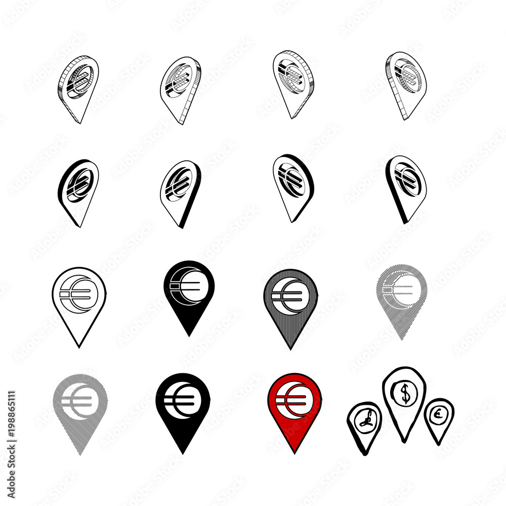 Set of Collection modern vector. Money Location icon multi type of 3d isometric, solid, line, scribble hatch, doodle, shadow isometric and a little colour on white background eps10
