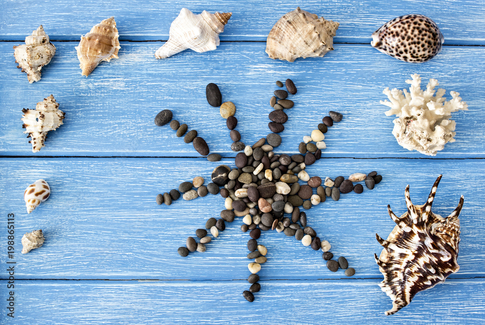 Sea shells and stones on a blue wooden background Sea shells and stones on a blue wooden background