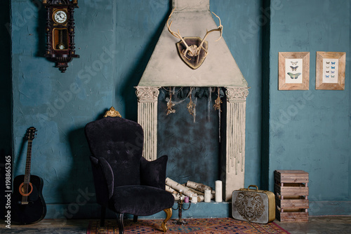 Wallpaper Mural Interior with fireplace and blue walls Torontodigital.ca