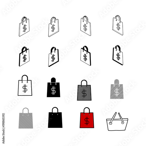 Set of Collection modern vector. Money Bag icon multi type of 3d isometric  solid  line  scribble hatch  doodle  shadow isometric and a little colour on white background eps10