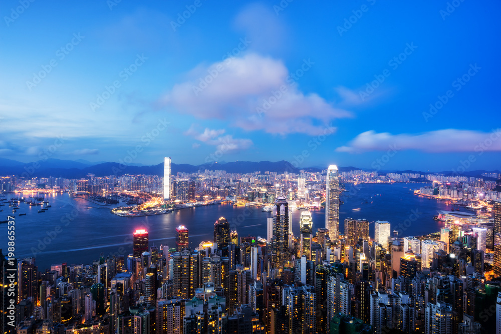 View of Hong Kong City skyline at dusk. View from The peak Hongkong.