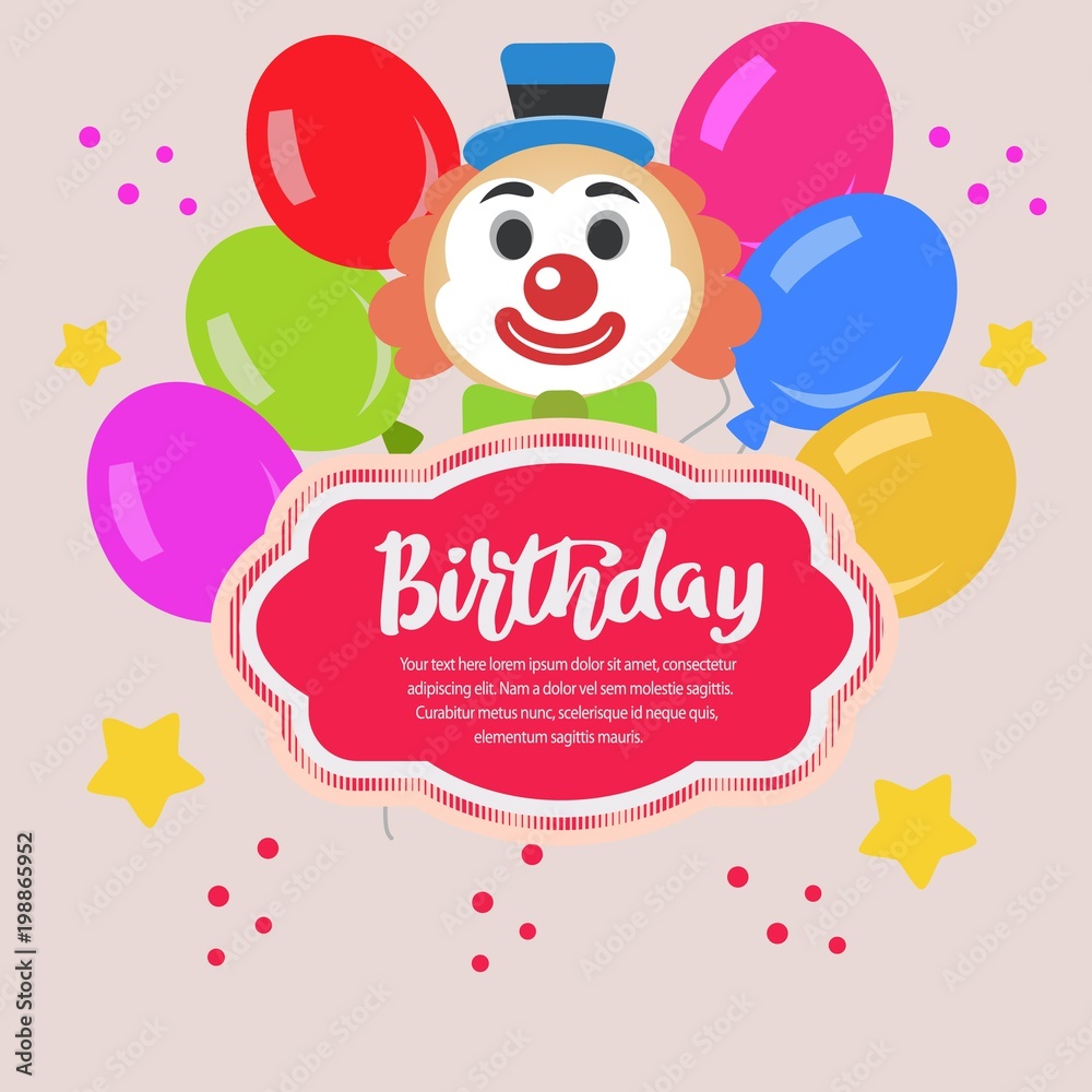 colorful birthday card with party balloon and clown