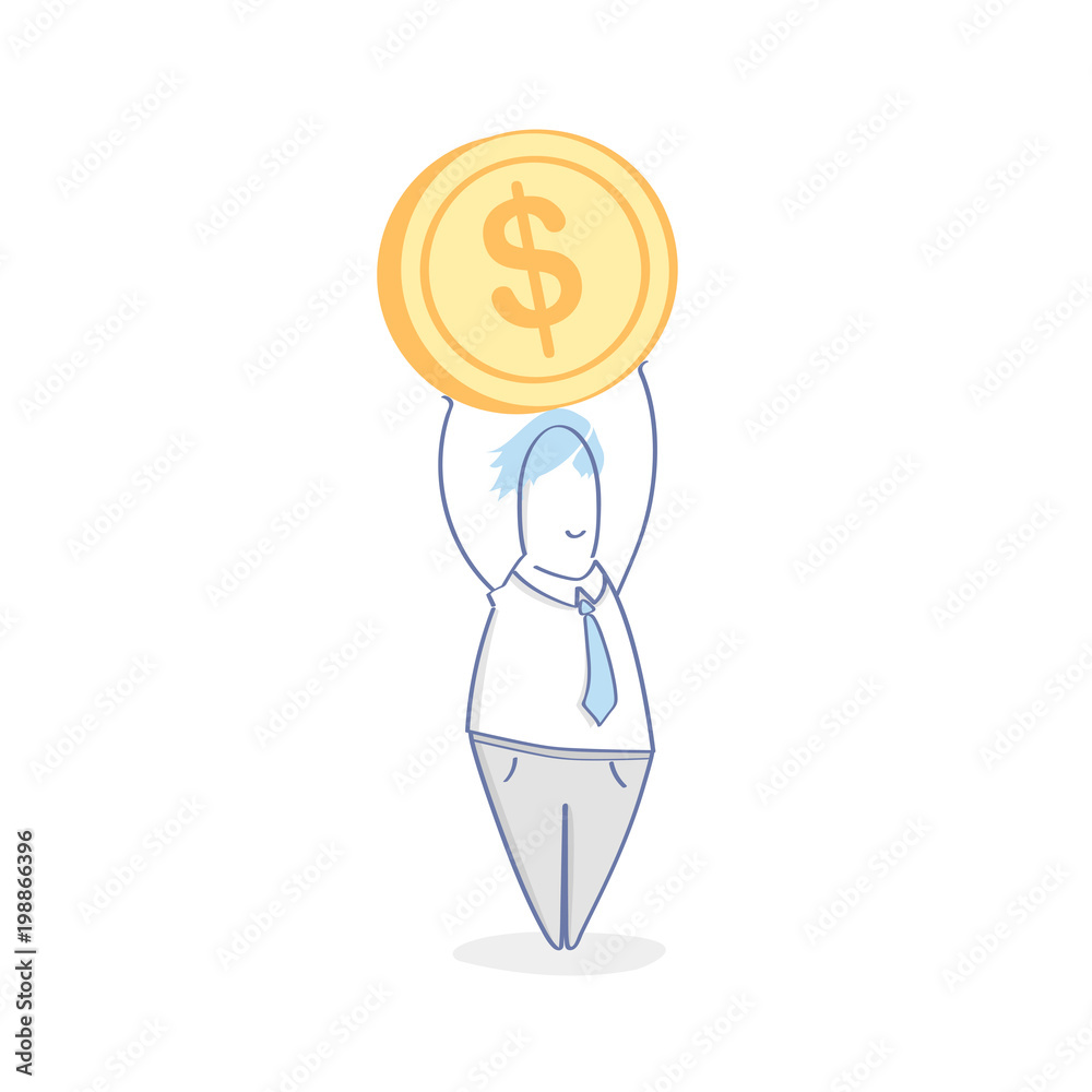 Businessman holding a Dollar coin. Profit, Income, Wages, Financial management, Investment, Earnings, Bonus, Salary, Business Success. Flat outline modern design, cute vector business illustration. Businessman holding a Dollar coin. Profit, Income, Wages, Financial management, Investment, Earnings, Bonus, Salary, Business Success. Flat outline modern design, cute vector business illustration.