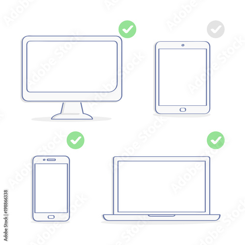 Set of electronic devices icons: computer display, laptop, tablet, smartphone. Different resolutions, screen sizes, responsive design. Flat outline UI set element, illustration for website or app.