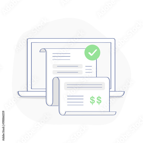 Payment for goods or services via the Internet from a laptop, computer. Payment, bill, invoice, purchase, check, banking. Pay tax online receipt. Outline flat modern vector illustration.