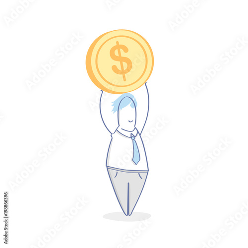 Businessman holding a Dollar coin. Profit, Income, Wages, Financial management, Investment, Earnings, Bonus, Salary, Business Success. Flat outline modern design, cute vector business illustration.
