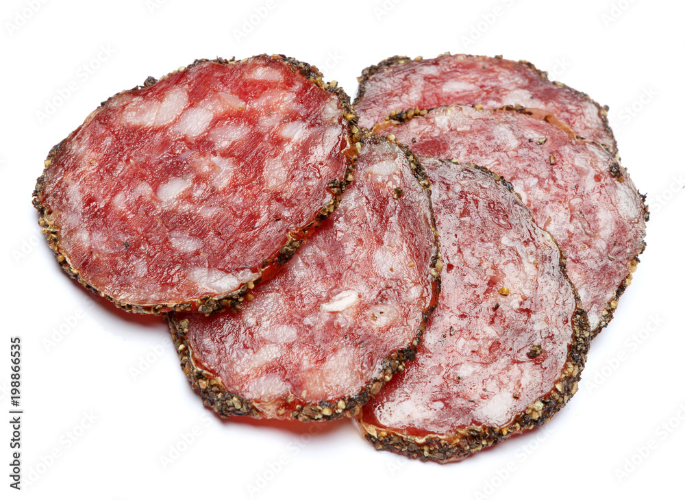 Dried organic salami sausage covered with pepper on white background Dried organic salami sausage covered with pepper on white background