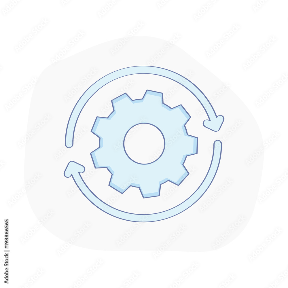 Gearwheel in motion, rotation direction icon with round arrow. Process, machine engine, cog wheel rotation, progress symbol, settings, wheel or repair. Technology vector illustration concept. Gearwheel in motion, rotation direction icon with round arrow. Process, machine engine, cog wheel rotation, progress symbol, settings, wheel or repair. Technology vector illustration concept.