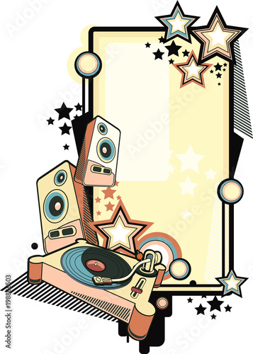 Retro music design - turntable, speakers and stars