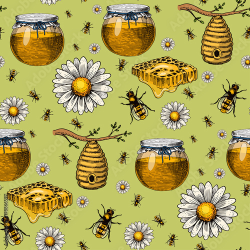 Apiary bee vector chamomile hand drawn vintage honey making farmer beekeeper illustration nature product seamless pattern background.