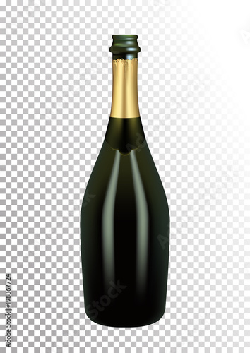 Vector illustration of opened bottle of champagne or sparkling wine in photorealistic style. A realistic object on a transparent background. 3D Realism.