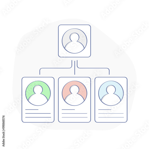 Teamwork flow chart, business hierarchy or business team pyramid structure, company organization branches, workflow, management or communication graphic tree. Flat outline modern icon vector concept.