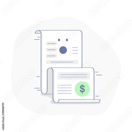 Cute fun invoice concept, bill illustration, commercial payment document. Surprised transaction form sheet, billing concept. Modern light vector icon design.