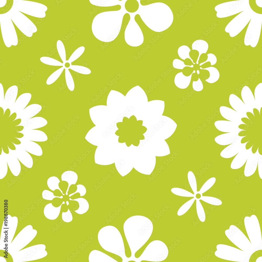 Seamless floral pattern. Repeated flowers and round spots. Vector illustration. green, white color. graphic design for paper, textile print, page fill. Seamless floral pattern. Repeated flowers and round spots. Vector illustration. green, white color. graphic design for paper, textile print, page fill.