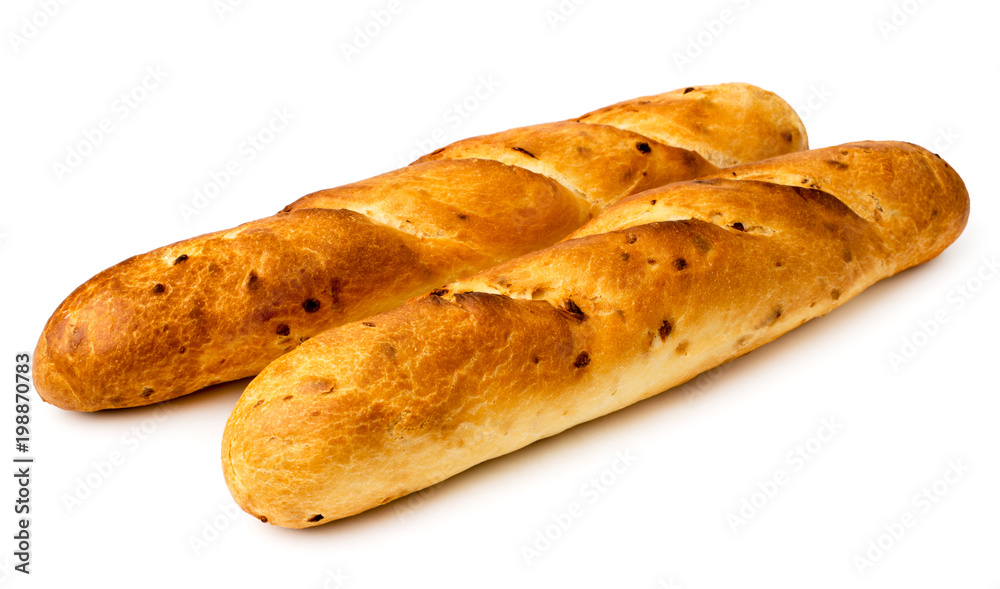 Two bread baguettes on a white, close up. Two bread baguettes on a white, close up.