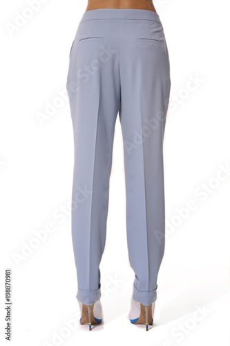 blue summer cotton trousers close up photo on model legs with stiletto heels