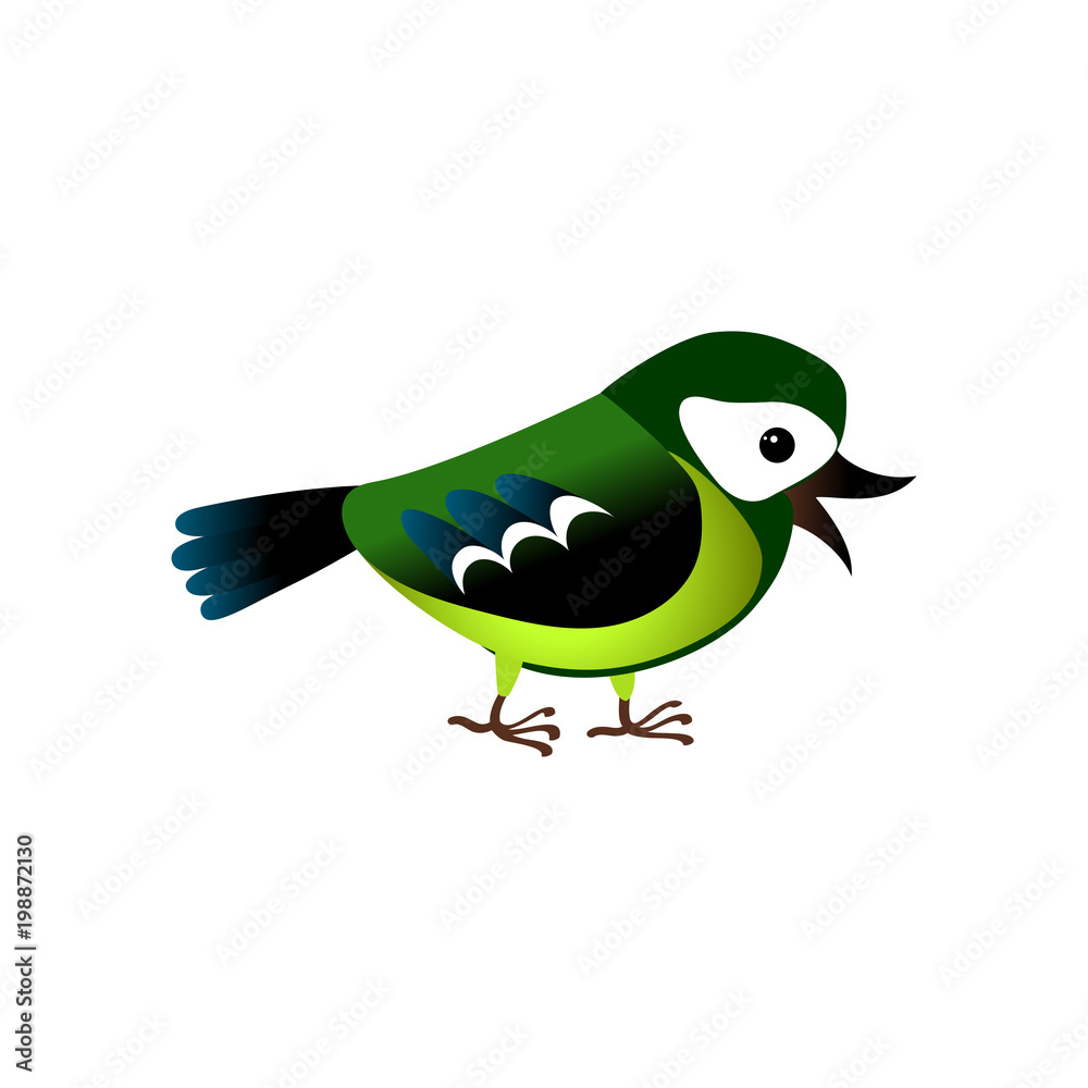 Isolated green cartoon titmouse on white background. Standing frendly tomtit. Wild bird funny personage. Isolated green cartoon titmouse on white background. Standing frendly tomtit. Wild bird funny personage.
