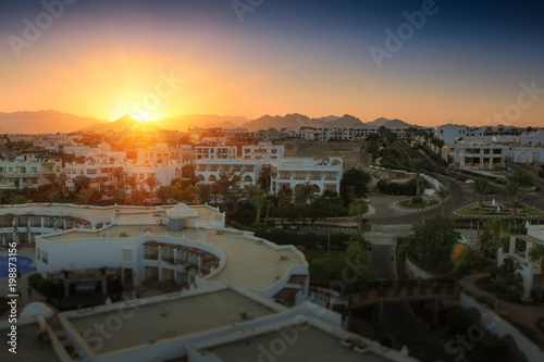 View of buildings of the luxury hotel at sunset. Sharm el Sheikh, Egypt. Sinai Mountains.