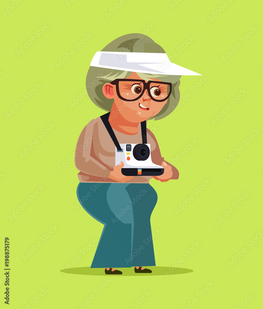 Happy smiling old woman granny grandmother tourist taking photos pictures on camera. Travel vacation holiday retirement tourism. Vector flat cartoon isolated illustration