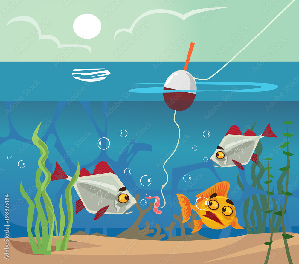 Fish at bottom looking at worm bait hook. Fishing water sea lake concept.  Vector flat cartoon illustration Stock Vector