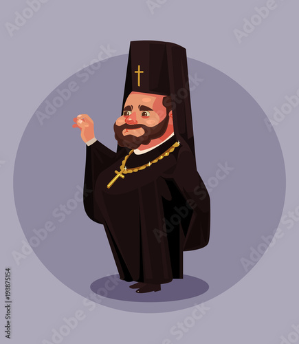 Smiling old beard orthodoxy priest pastor pope bishop dressed in black dress uniform suit. Religion concept. Vector flat cartoon isolated illustration