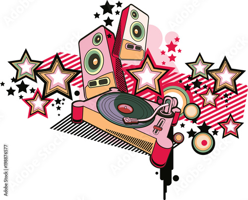 Turntable and speakers on trendy starry background