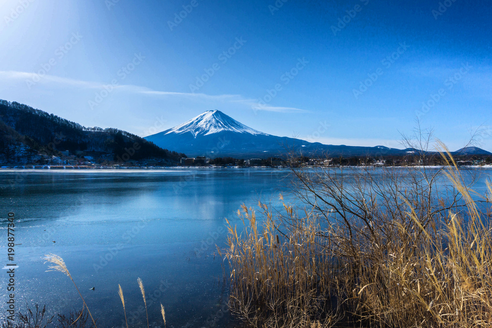 Mt Fuji on winter season at lake Kawaguchiko Japan.