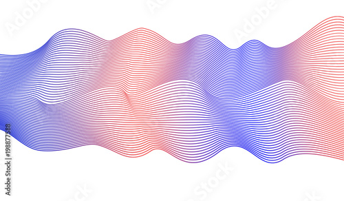 Abstract wavy line art pattern on white background. Vector bright blue, orange waving ornate. Modern decorative design element. Multicolored flowing futuristic shiny waves, ribbon imitation. EPS10