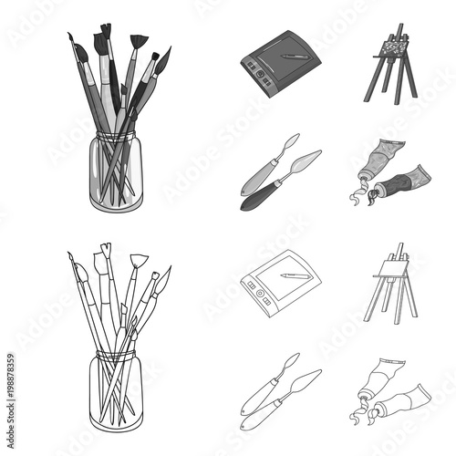 Bank with brushes, a drawing board, an easel with a canvas, paint knives.Artist and drawing set collection icons in outline,monochrome style vector symbol stock illustration web.