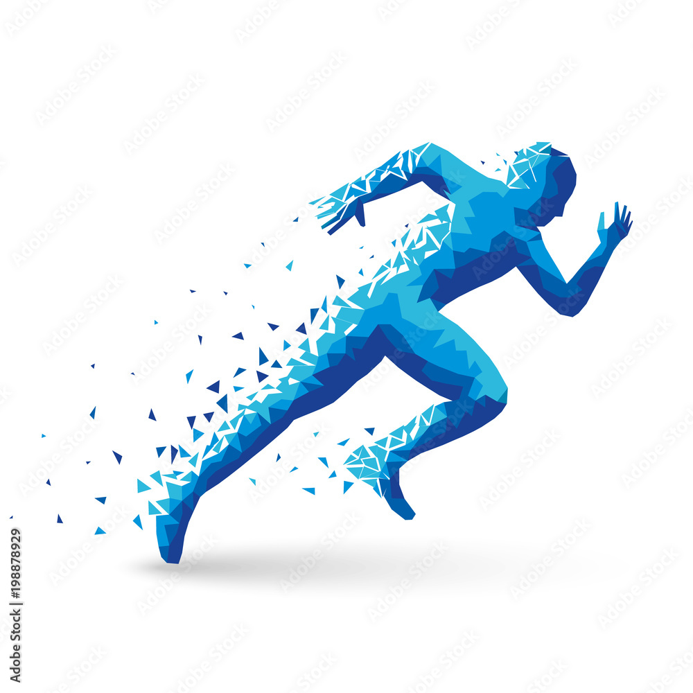 Polygonal athlete sprinter, starts. The blue triangles are scattered. On white background with shadow. For your design. 10 eps