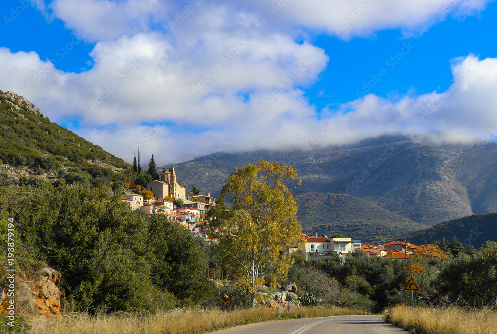 Driving into a beautiful mountain village in the Taygetos mountain range south of Kalamata Greece on the Peloponnese peninsula